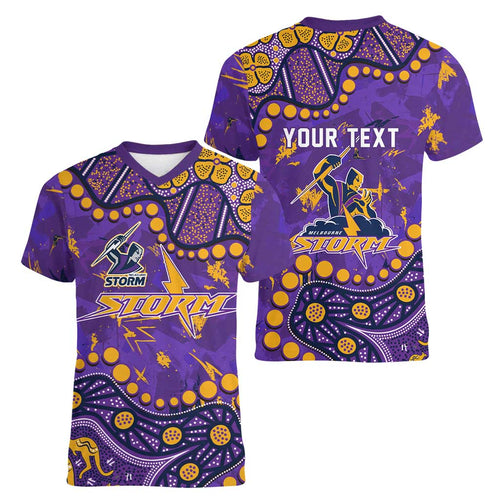 Personalized Melbourne Storm Women V-Neck T-Shirt Aboriginal Pattern with Graffiti Style Design