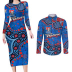 Personalized New Zealand Warriors Couples Matching Long Sleeve Bodycon Dress and Long Sleeve Button Shirt Aboriginal Pattern with Graffiti Style Design
