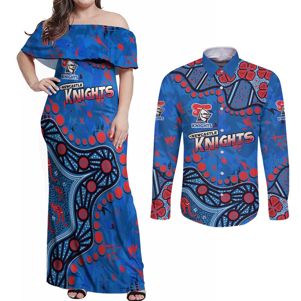 Personalized New Zealand Warriors Couples Matching Off Shoulder Maxi Dress and Long Sleeve Button Shirt Aboriginal Pattern with Graffiti Style Design