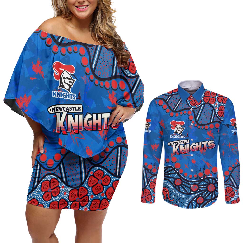 Personalized New Zealand Warriors Couples Matching Off Shoulder Short Dress and Long Sleeve Button Shirt Aboriginal Pattern with Graffiti Style Design