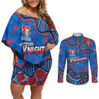 Personalized New Zealand Warriors Couples Matching Off Shoulder Short Dress and Long Sleeve Button Shirt Aboriginal Pattern with Graffiti Style Design