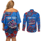 Personalized New Zealand Warriors Couples Matching Off Shoulder Short Dress and Long Sleeve Button Shirt Aboriginal Pattern with Graffiti Style Design