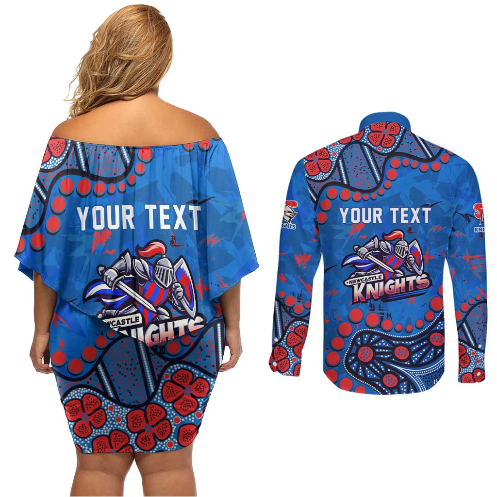 Personalized New Zealand Warriors Couples Matching Off Shoulder Short Dress and Long Sleeve Button Shirt Aboriginal Pattern with Graffiti Style Design
