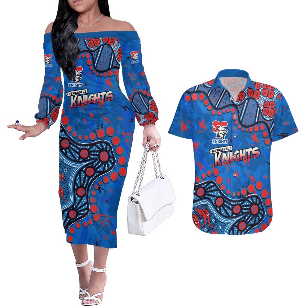 Personalized New Zealand Warriors Couples Matching Off The Shoulder Long Sleeve Dress and Hawaiian Shirt Aboriginal Pattern with Graffiti Style Design