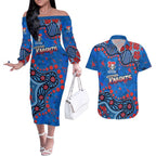 Personalized New Zealand Warriors Couples Matching Off The Shoulder Long Sleeve Dress and Hawaiian Shirt Aboriginal Pattern with Graffiti Style Design