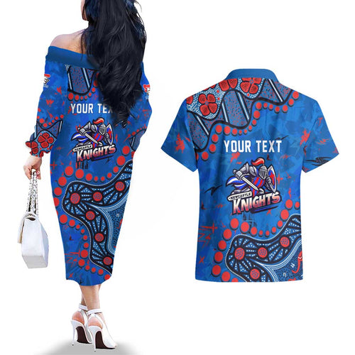 Personalized New Zealand Warriors Couples Matching Off The Shoulder Long Sleeve Dress and Hawaiian Shirt Aboriginal Pattern with Graffiti Style Design