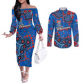 Personalized New Zealand Warriors Couples Matching Off The Shoulder Long Sleeve Dress and Long Sleeve Button Shirt Aboriginal Pattern with Graffiti Style Design