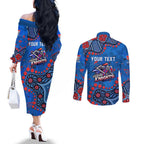 Personalized New Zealand Warriors Couples Matching Off The Shoulder Long Sleeve Dress and Long Sleeve Button Shirt Aboriginal Pattern with Graffiti Style Design