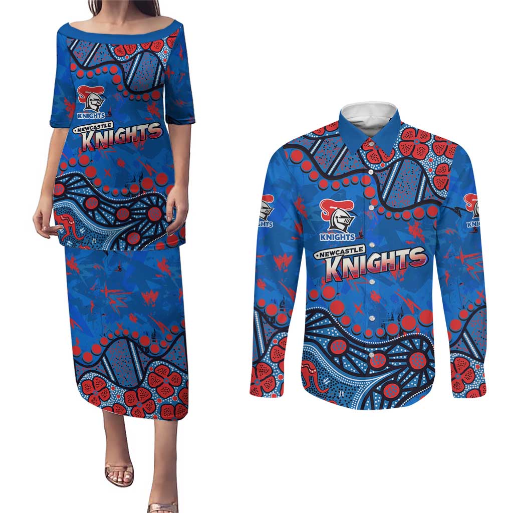 Personalized New Zealand Warriors Couples Matching Puletasi and Long Sleeve Button Shirt Aboriginal Pattern with Graffiti Style Design