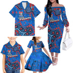 Personalized New Zealand Warriors Family Matching Off The Shoulder Long Sleeve Dress and Hawaiian Shirt Aboriginal Pattern with Graffiti Style Design