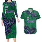 Personalized Newcastle Knights Couples Matching Long Sleeve Bodycon Dress and Hawaiian Shirt Aboriginal Pattern with Graffiti Style Design