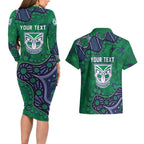 Personalized Newcastle Knights Couples Matching Long Sleeve Bodycon Dress and Hawaiian Shirt Aboriginal Pattern with Graffiti Style Design