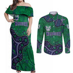 Personalized Newcastle Knights Couples Matching Off Shoulder Maxi Dress and Long Sleeve Button Shirt Aboriginal Pattern with Graffiti Style Design