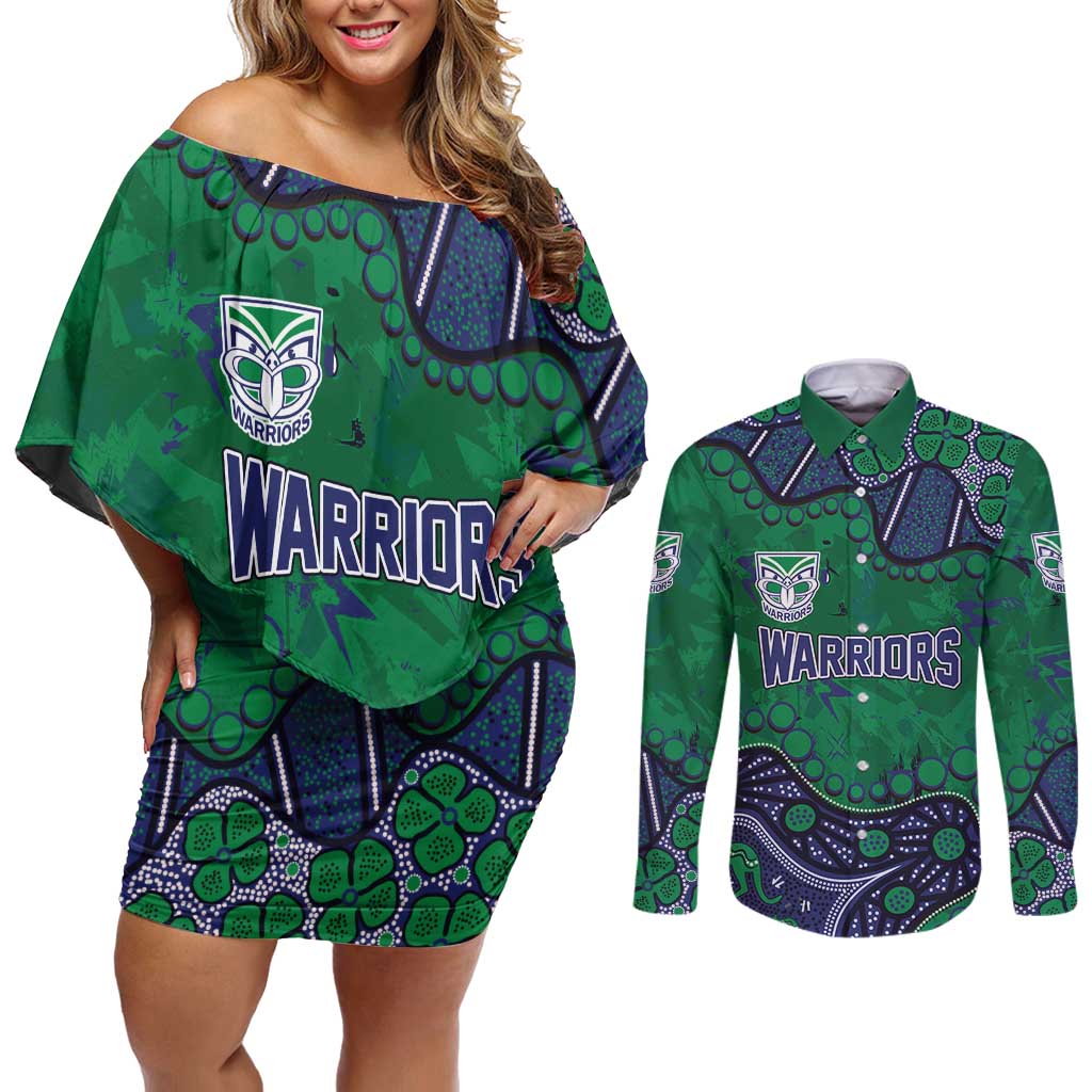 Personalized Newcastle Knights Couples Matching Off Shoulder Short Dress and Long Sleeve Button Shirt Aboriginal Pattern with Graffiti Style Design
