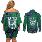 Personalized Newcastle Knights Couples Matching Off Shoulder Short Dress and Long Sleeve Button Shirt Aboriginal Pattern with Graffiti Style Design