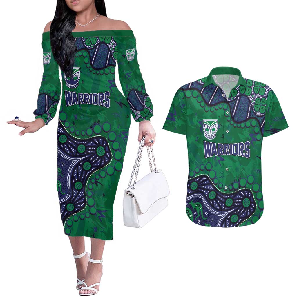 Personalized Newcastle Knights Couples Matching Off The Shoulder Long Sleeve Dress and Hawaiian Shirt Aboriginal Pattern with Graffiti Style Design