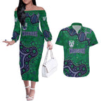 Personalized Newcastle Knights Couples Matching Off The Shoulder Long Sleeve Dress and Hawaiian Shirt Aboriginal Pattern with Graffiti Style Design