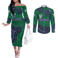 Personalized Newcastle Knights Couples Matching Off The Shoulder Long Sleeve Dress and Long Sleeve Button Shirt Aboriginal Pattern with Graffiti Style Design
