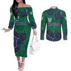 Personalized Newcastle Knights Couples Matching Off The Shoulder Long Sleeve Dress and Long Sleeve Button Shirt Aboriginal Pattern with Graffiti Style Design