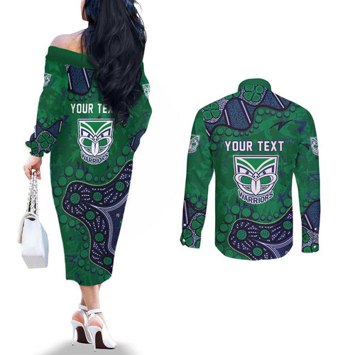 Personalized Newcastle Knights Couples Matching Off The Shoulder Long Sleeve Dress and Long Sleeve Button Shirt Aboriginal Pattern with Graffiti Style Design