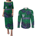 Personalized Newcastle Knights Couples Matching Puletasi and Long Sleeve Button Shirt Aboriginal Pattern with Graffiti Style Design