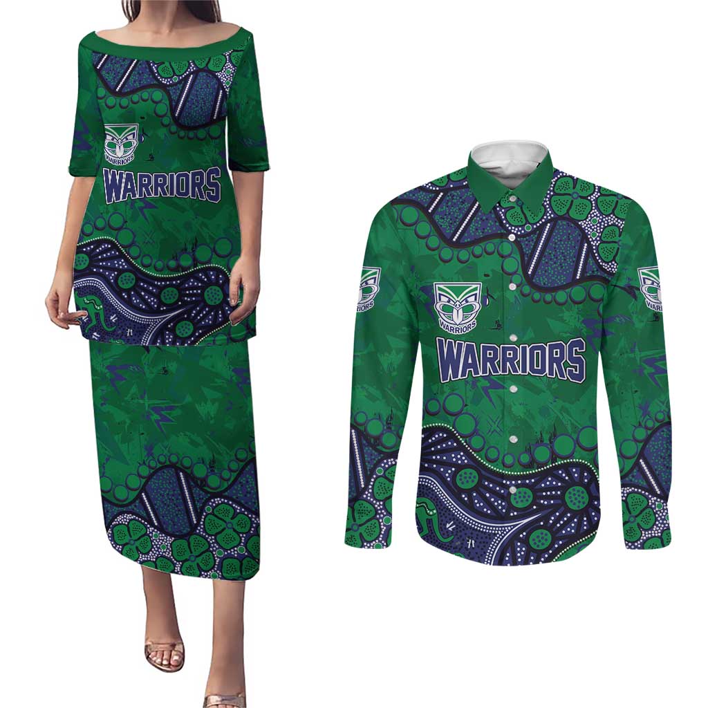 Personalized Newcastle Knights Couples Matching Puletasi and Long Sleeve Button Shirt Aboriginal Pattern with Graffiti Style Design