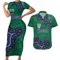 Personalized Newcastle Knights Couples Matching Short Sleeve Bodycon Dress and Hawaiian Shirt Aboriginal Pattern with Graffiti Style Design