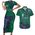 Personalized Newcastle Knights Couples Matching Short Sleeve Bodycon Dress and Hawaiian Shirt Aboriginal Pattern with Graffiti Style Design