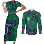 Personalized Newcastle Knights Couples Matching Short Sleeve Bodycon Dress and Long Sleeve Button Shirt Aboriginal Pattern with Graffiti Style Design