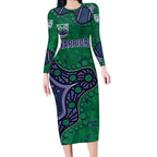 Personalized Newcastle Knights Long Sleeve Bodycon Dress Aboriginal Pattern with Graffiti Style Design