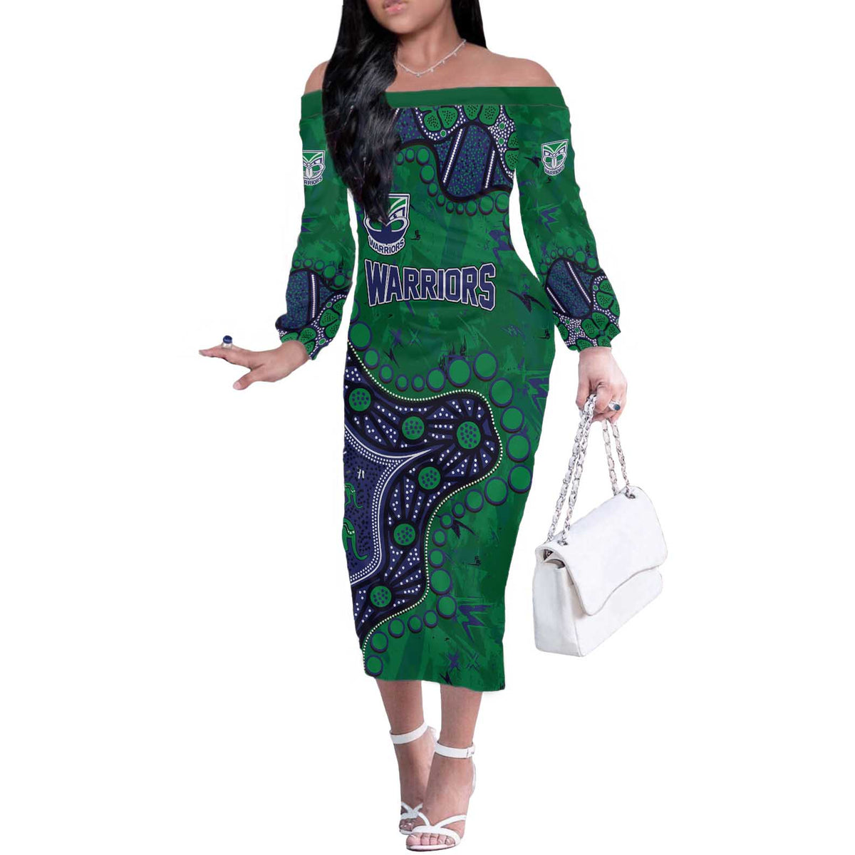 Personalized Newcastle Knights Off The Shoulder Long Sleeve Dress Aboriginal Pattern with Graffiti Style Design
