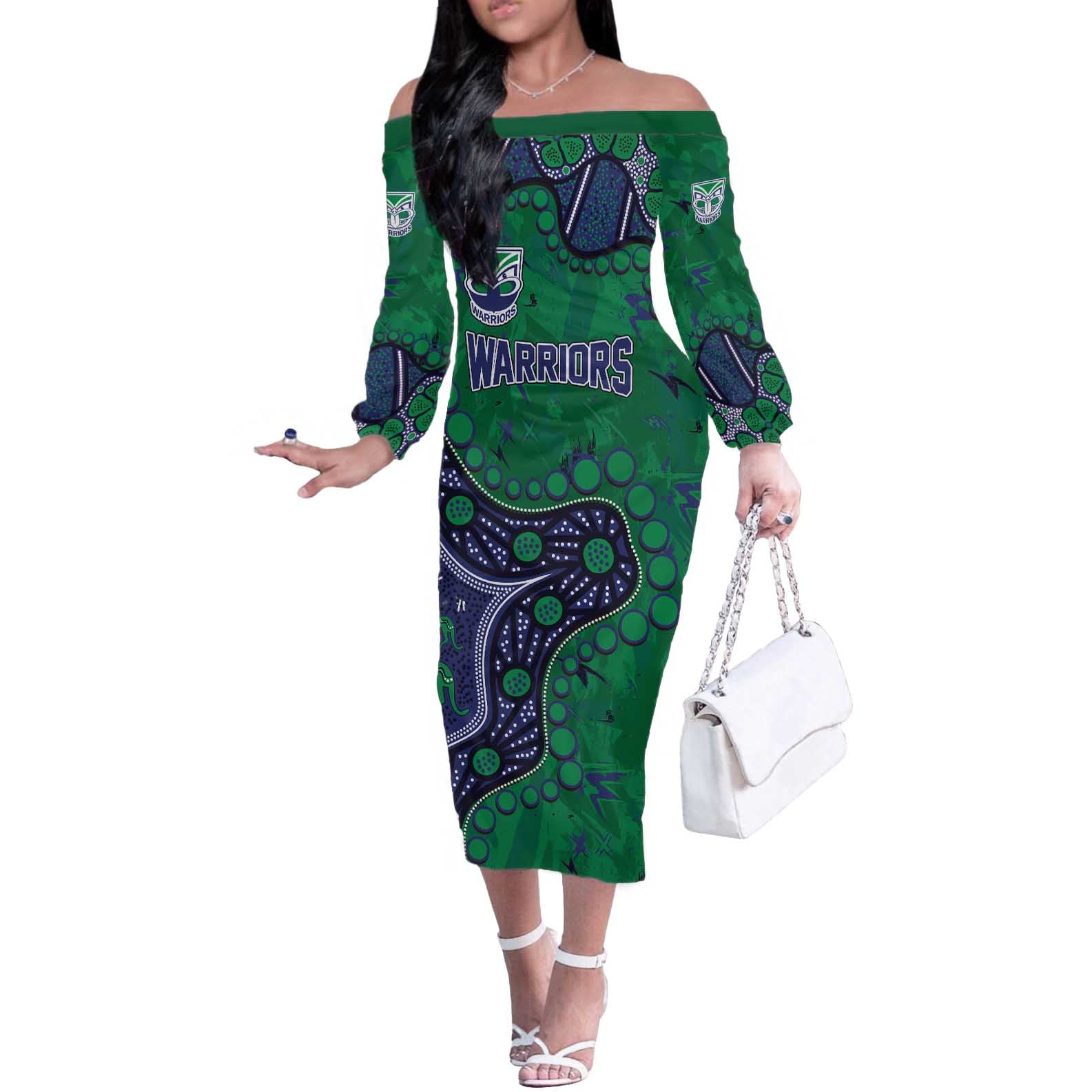 Personalized Newcastle Knights Off The Shoulder Long Sleeve Dress Aboriginal Pattern with Graffiti Style Design