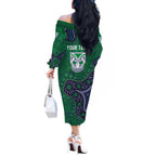Personalized Newcastle Knights Off The Shoulder Long Sleeve Dress Aboriginal Pattern with Graffiti Style Design