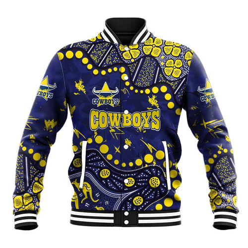 Personalized North Queensland Cowboys Baseball Jacket Aboriginal Pattern with Graffiti Style Design