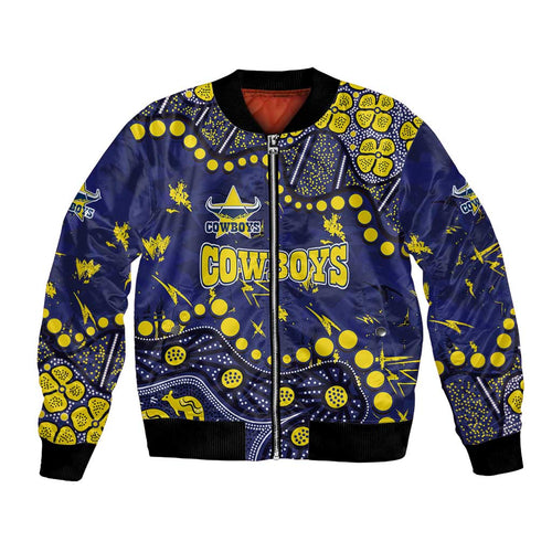 Personalized North Queensland Cowboys Bomber Jacket Aboriginal Pattern with Graffiti Style Design