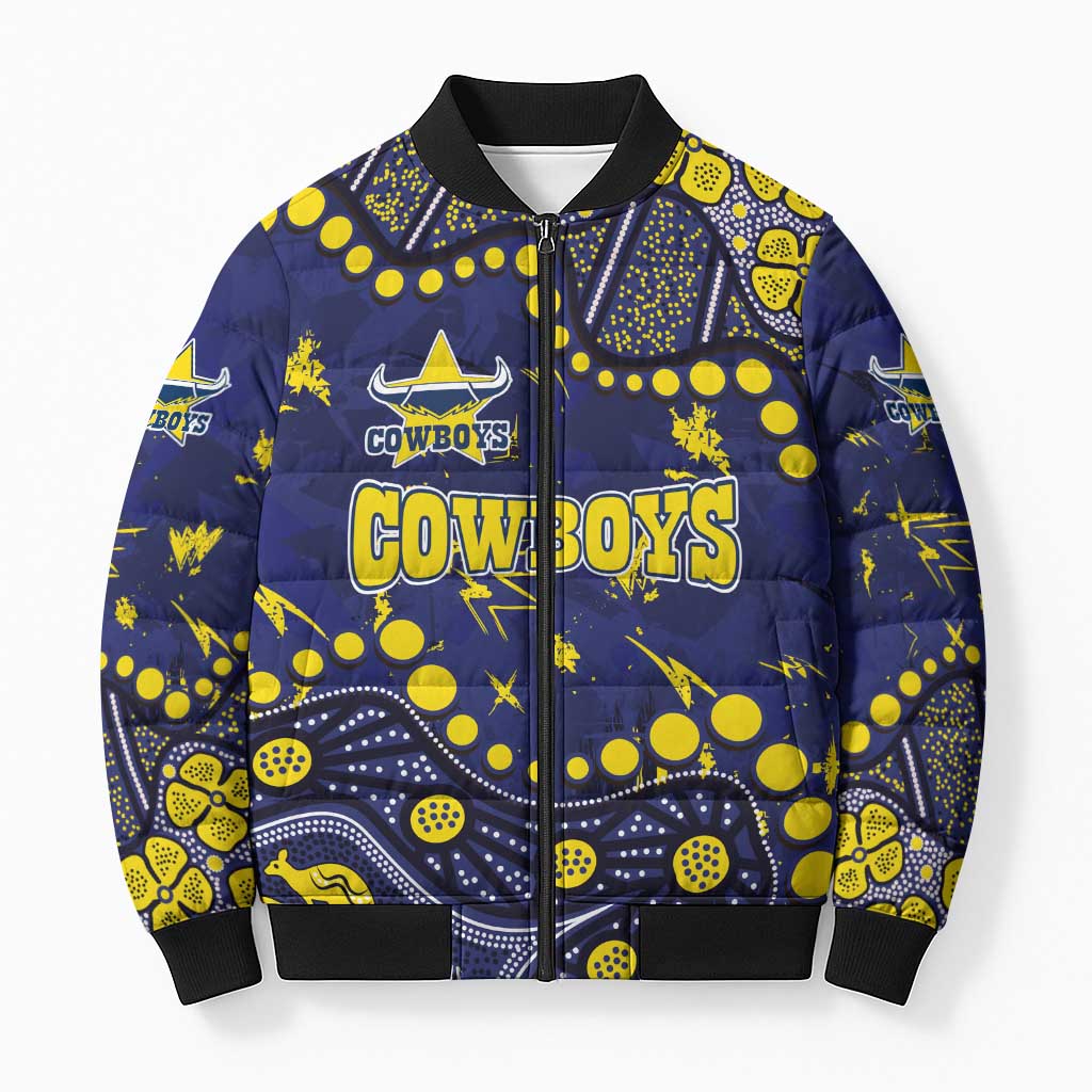 Personalized North Queensland Cowboys Bomber Puffer Jacket Aboriginal Pattern with Graffiti Style Design