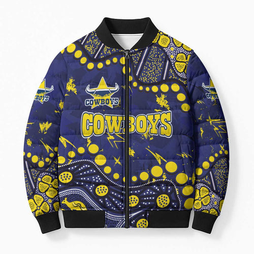 Personalized North Queensland Cowboys Bomber Puffer Jacket Aboriginal Pattern with Graffiti Style Design