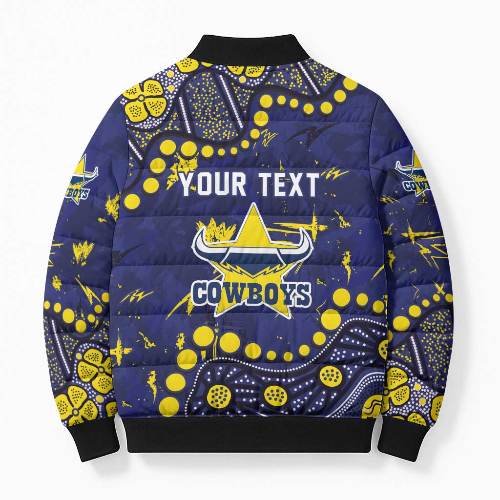 Personalized North Queensland Cowboys Bomber Puffer Jacket Aboriginal Pattern with Graffiti Style Design