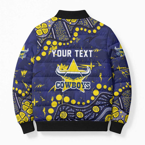 Personalized North Queensland Cowboys Bomber Puffer Jacket Aboriginal Pattern with Graffiti Style Design