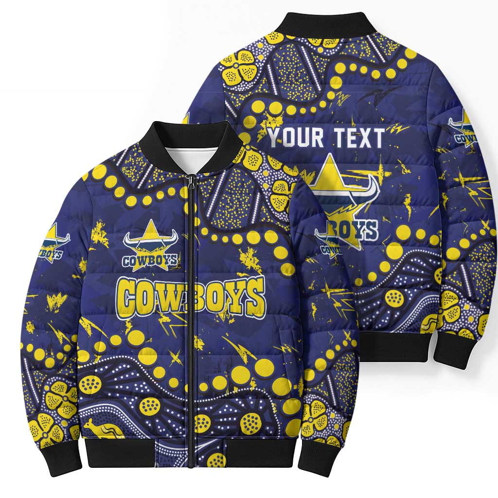 Personalized North Queensland Cowboys Bomber Puffer Jacket Aboriginal Pattern with Graffiti Style Design
