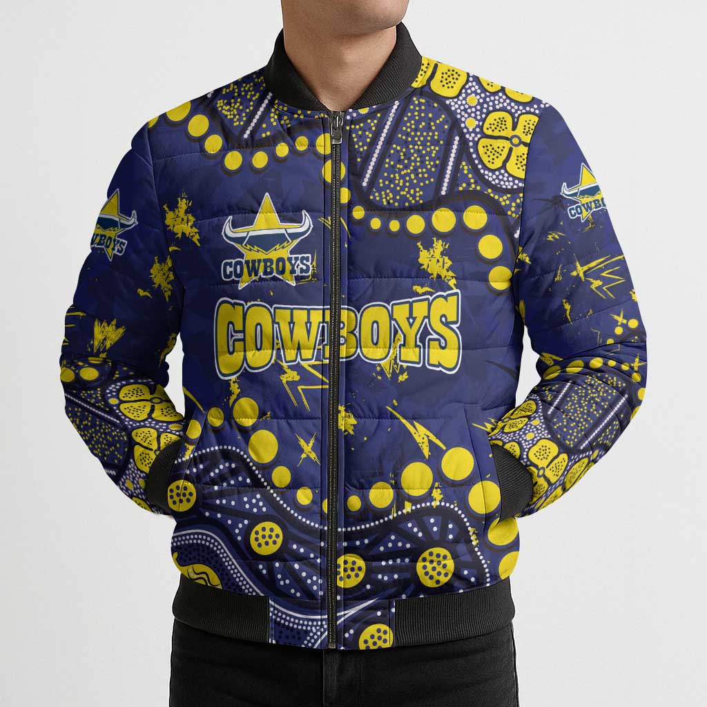 Personalized North Queensland Cowboys Bomber Puffer Jacket Aboriginal Pattern with Graffiti Style Design