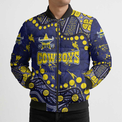 Personalized North Queensland Cowboys Bomber Puffer Jacket Aboriginal Pattern with Graffiti Style Design
