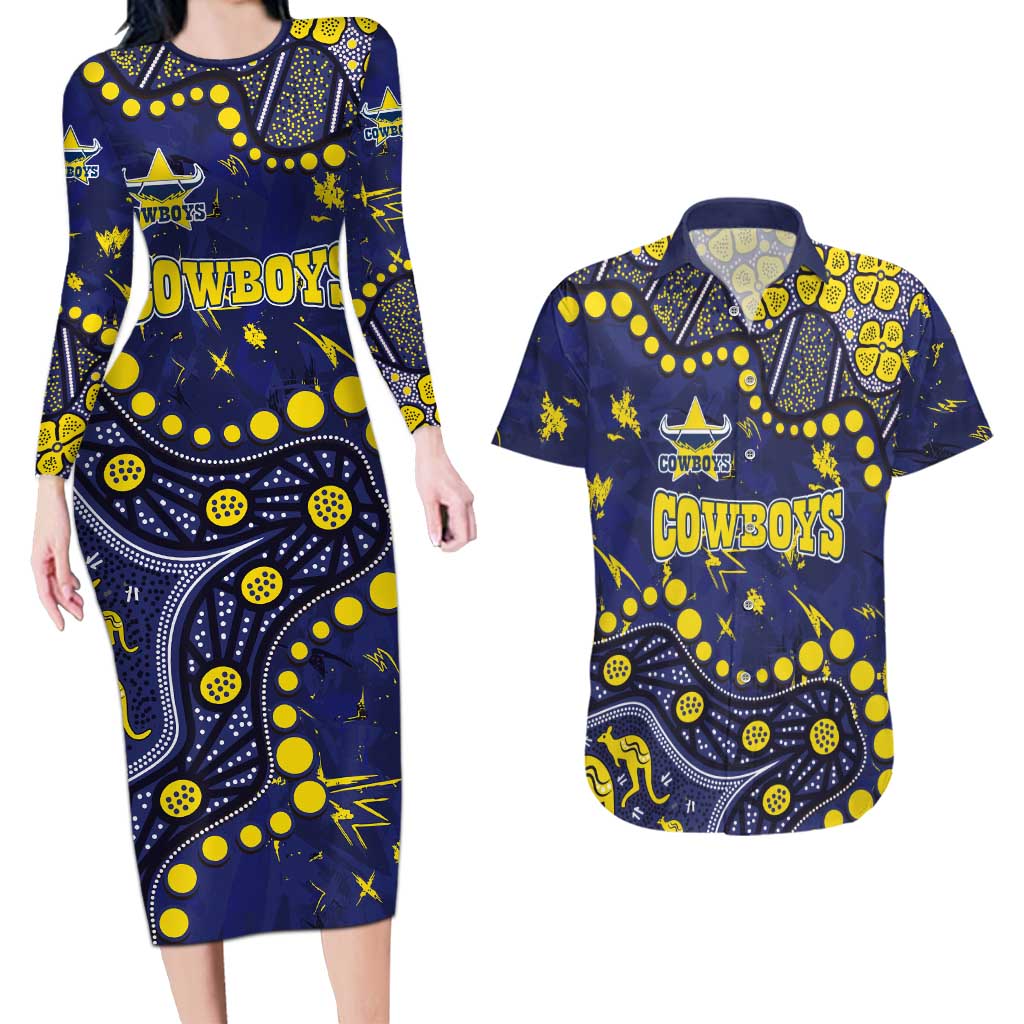Personalized North Queensland Cowboys Couples Matching Long Sleeve Bodycon Dress and Hawaiian Shirt Aboriginal Pattern with Graffiti Style Design