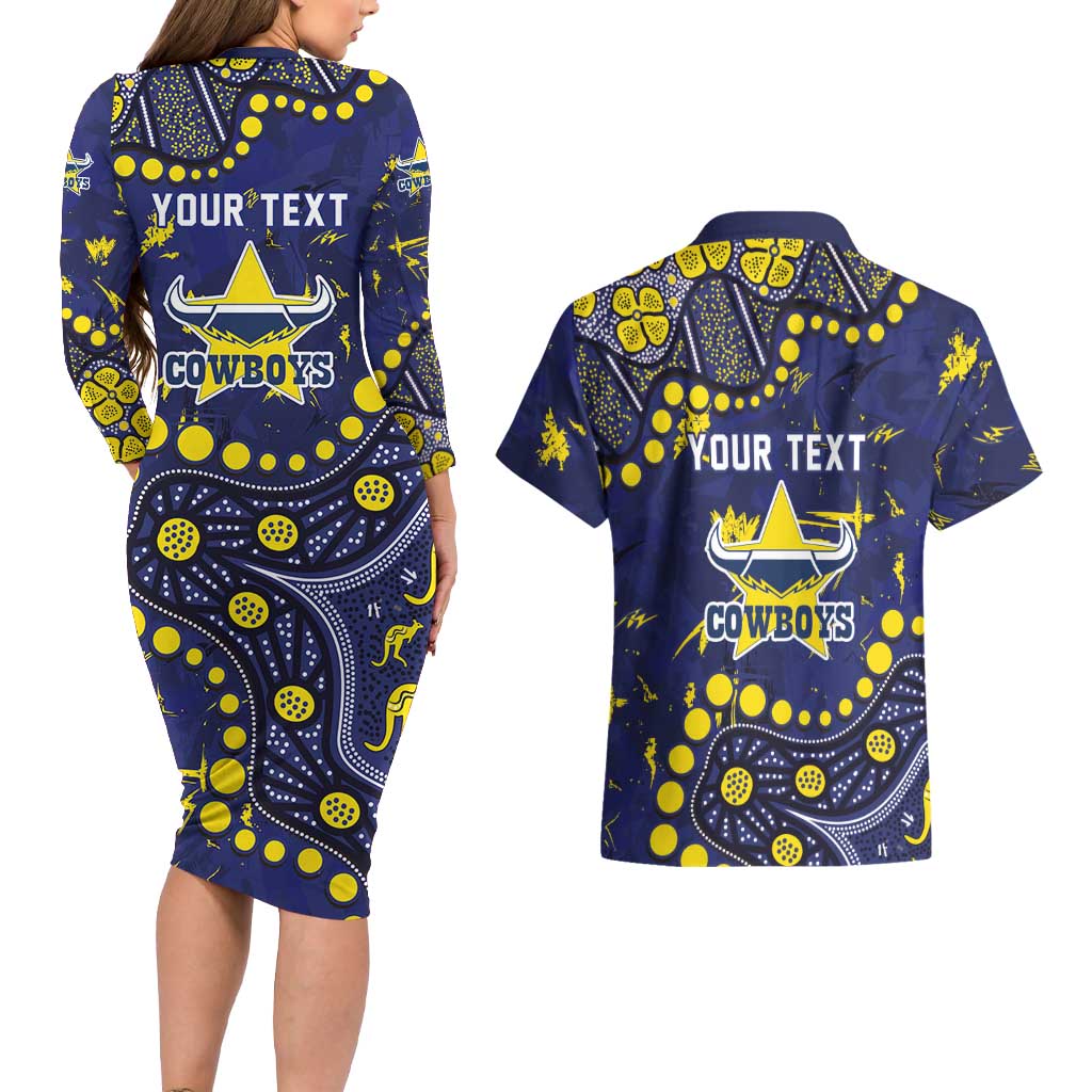 Personalized North Queensland Cowboys Couples Matching Long Sleeve Bodycon Dress and Hawaiian Shirt Aboriginal Pattern with Graffiti Style Design
