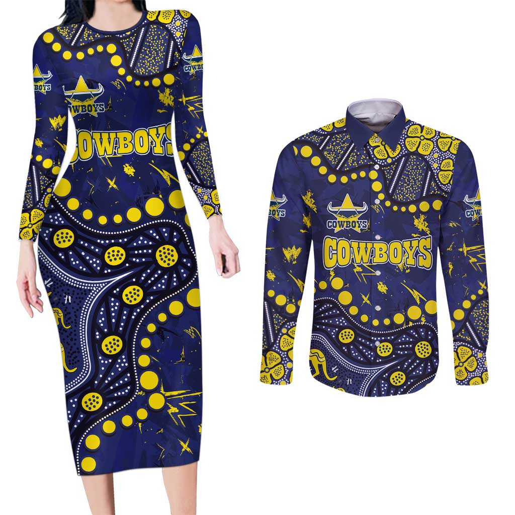 Personalized North Queensland Cowboys Couples Matching Long Sleeve Bodycon Dress and Long Sleeve Button Shirt Aboriginal Pattern with Graffiti Style Design