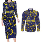 Personalized North Queensland Cowboys Couples Matching Long Sleeve Bodycon Dress and Long Sleeve Button Shirt Aboriginal Pattern with Graffiti Style Design