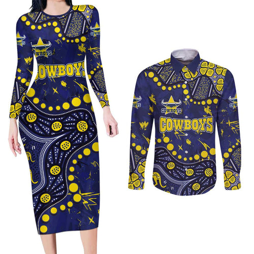 Personalized North Queensland Cowboys Couples Matching Long Sleeve Bodycon Dress and Long Sleeve Button Shirt Aboriginal Pattern with Graffiti Style Design