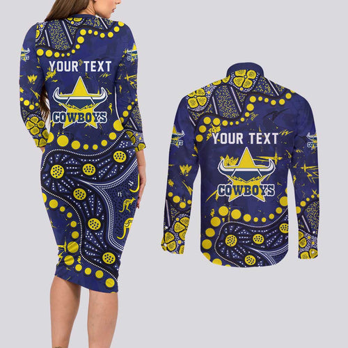 Personalized North Queensland Cowboys Couples Matching Long Sleeve Bodycon Dress and Long Sleeve Button Shirt Aboriginal Pattern with Graffiti Style Design