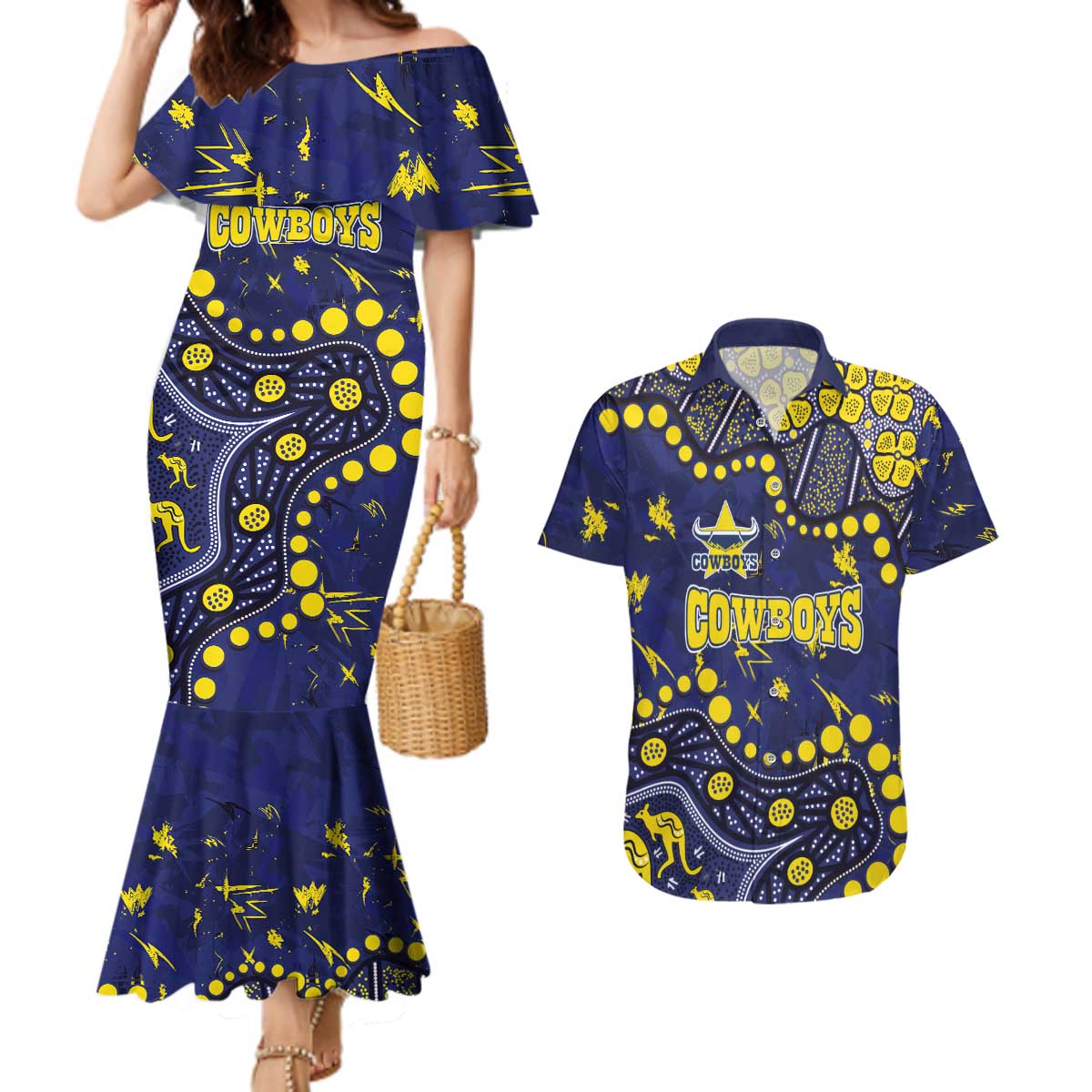 Personalized North Queensland Cowboys Couples Matching Mermaid Dress and Hawaiian Shirt Aboriginal Pattern with Graffiti Style Design