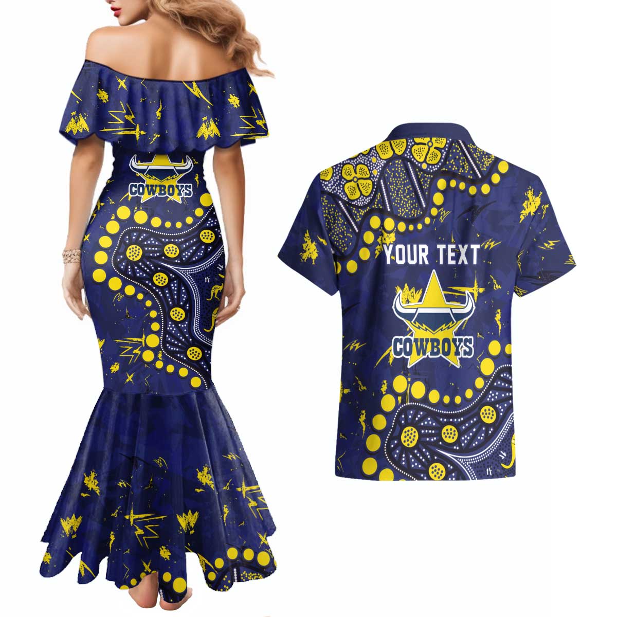 Personalized North Queensland Cowboys Couples Matching Mermaid Dress and Hawaiian Shirt Aboriginal Pattern with Graffiti Style Design